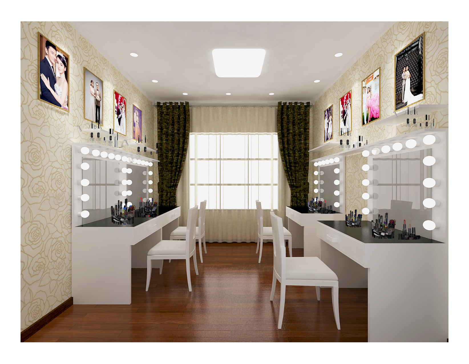 镜前排列着各色油彩与妆具